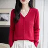 Cuello en V, ribete de encaje ondulado, cárdigan de punto, estilo femenino, diseño calado, suéter de un solo botón, largo corto, adecuado para figuras petite, prenda de abrigo