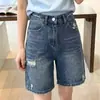 Shorts de mezclilla rotos para mujer, nuevo estilo de verano, de cintura alta, talla grande, adelgazantes, corte recto en A, pantalones de 5 puntos de longitud media, modernos