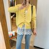 Estilo Coreano Novo Outono e Inverno Suéter Macio tipo cera Cardigan de Tricô com Botões Quadrados Jaqueta para Mulheres Top Curto de Alta Qualidade para Mulheres
