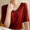 Camiseta de Manga Corta con Cuello Redondo para Mujer, Estilo Nuevo de Primavera y Verano, Satén de Acetato, Cuello en V, Moda Versátil, Elegante, Holgada, Top de Manga Media