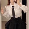 Top Camisa Gris con Cuello Polo Manga Larga Ropa de Otoño para Mujer + Falda Tutú de Cintura Alta Efecto Adelgazante Traje de Falda Corta Línea A