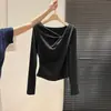 Camiseta de Manga Larga Ligera Rosa Base Dulce Estilo Coreano Otoñal para Mujer, Nuevo Top Plisado Adelgazante 10602