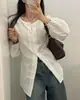 Camisa de otoño chic coreana de un solo botón con retazos de encaje y diseño de manga larga de jacquard acanalado para mujer