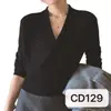 Elegante suéter de malha justo com decote V cruzado e acinturado para mulheres, novo estilo de outono, estilo levemente maduro, top da moda