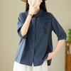 2025 Nuevo Estilo de Verano Camisa de Algodón y Lino de Manga Tres Cuartos para Mujer, Literaria Retro, Holgada, Adelgazante, Color Puro, Top Bordado