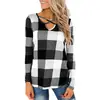 Venda Quente Transfronteiriça Novo 2019 AliExpress Amazon Europeu e Americano Xadrez Tira Cruzada Solto Manga Longa Camiseta Top