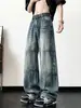 Jeans anchos para hombre de otoño, lavados y desgastados, con patrón de grietas de rayo, corte holgado, estilo American high street, geniales y elegantes