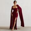 Europeu e Americano Transfronteiriço Amazon 2024 Novo Vestido Gola Quadrada Longo Manga Comprida Fenda Alta Cor Pura Vestido Sexy