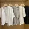 2024 Verano Nuevo Corea del Sur Elegante Cuello en V Ajustado Mangas Abullonadas Camisa para Mujer Botón Único Corto Casual Moda Top