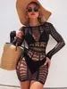 Yue Die Estilo Europeo y Americano Lencería Sexy Modelo Nuevo Falda Corta Ajustada al Cuerpo Transfronteriza Manga Larga Malla Hueca Sexy Seductora Yd2564