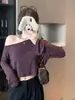 Camiseta básica morada sencilla de manga larga sin hombros para mujer, top base de verano holgado, versátil top corto ajustado sin hombros