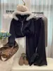 Conjunto de Sudadera de Terciopelo Gris de Alta Gama Coreano para Mujer Otoño e Invierno Nuevo con Capucha y Cuello de Piel con Cremallera Pantalones de Pierna Ancha Conjunto de Dos Piezas