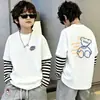 Camiseta Infantil Niños Rayas Patchwork Manga Larga 2026 Otoño Nuevo Niños Algodón Puro Talla Mediana y Grande Niños Top Falso de Dos Piezas