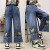 Jeans de Pierna Ancha Bordados de Dibujos Animados Desgastados para Mujer Verano 2025 Parche Bordado Pantalones Casuales de Mezclilla Versátiles