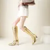 Novos estilos de comércio exterior, disponíveis para dropshipping global: Coleção Outono/Inverno 2026, botas de corte justo, botas de cano alto com bico quadrado, botas elásticas femininas de salto grosso, botas de montaria