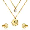 Moda Europea y Americana Joyería Pendientes de Cruz Collar Simple en Forma de Corazón Cadena Doble Elegante Set de Joyería de Acero Inoxidable para Mujer