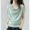 Suave e elegante, novo top de malha feminino para primavera-verão, estilo francês, de manga curta, com caimento justo e gola drapeada