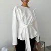 Camiseta Feminina de Renda com Cadarço na Cintura, Manga Longa, Design de Moda Europeu e Americano para a Primavera de 2026, Versátil, Elegante, para o Trabalho