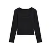 Camiseta Quadrada Preta de Manga Longa para Mulheres, Novo Estilo Outono e Inverno, Slim Fit, Top Estiloso e Simples