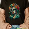 Camiseta Lacarina Floral para Mujer 180g Transfronteriza - Top de Calavera de Azúcar del Día de Muertos Mexicano, Semitransparente