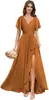 Vestido de dama de honor de gasa con escote en V y manga acampanada, estilo europeo y americano, con cintura plisada y abertura, vestido largo formal para fiesta de boda