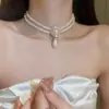 Colar de Pérola com Pingente Cravejado de Diamantes Estilo Francês, Corrente para Clavícula de Luxo Leve e de Alta Qualidade, Acessórios para Vestido de Noiva Estilo Hepburn para Mulheres