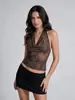 Top Corto Halter de Murciélago Retro Americano para Mujer Verano Nuevo Estampado de Leopardo Chica Picante Sin Mangas Ajustado