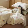 Conjunto de cama de quatro peças em algodão escovado, macio e amigo da pele, estilo cartoon, algodão puro Classe A, espessado para outono e inverno, lençol de elástico de algodão
