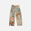 Amazon Moda Streetwear Estilo Europeu e Americano Cintura Média-Baixa Calças Longas Largas Jeans Feminino Estampa de Urso Graffiti Ins