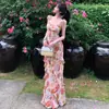 Chanyehuanjian/Camisola de vacaciones tipo hada con dobladillo suave y volantes, vestido floral en naranja y rosa