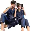 Pijama Transfronterizo para Mujer Primavera y Otoño Nuevo Seda Helada Color Sólido Simple Manga Corta Pantalones Verano Casual Ropa para el Hogar Traje de Dos Piezas
