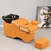 Cama de champú semi-reclinable de color personalizado para salón con lavabo de cerámica engrosado, cama de champú para venta al por mayor transfronteriza con reposapiés