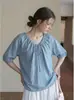 Camisa Azul de Manga Corta con Cuello en V y Cordón Estilo Coreano para Mujer Verano Manga Abullonada Babydoll Top Holgado