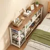 Prateleira de armazenamento de cabeceira, mesa longa e estreita para espaços extremamente estreitos ao lado da cama, prateleira de armazenamento integrada de piso montada na parede com cesto e malha