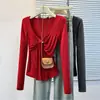 Camiseta de manga larga talla grande para mujer, estilo coreano, diseño elegante, adelgazante y favorecedora, con cintas, adecuada para usar en capas 0791
