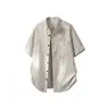 2026 Nueva Camisa de Manga Corta Estampada con Aspecto de Lino para Hombre, Estilo Japonés Holgada Casual Simple con Cuello Mao Camisa Holgada para Hombre
