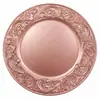 Plato Decorativo de Plástico Recubierto en Polvo Color Oro Rosa de 13 Pulgadas Estilo Europeo Redondo con Grabado de Volutas Florales Banquete de Bodas Hotel Comedor