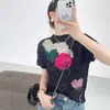 Camiseta de Manga Corta Redonda Estilo Miyake Estéreo Pintura al Óleo Floral Pleats de Alta Elasticidad Anti-Arrugas Corte Delgado Top Versátil para Mujer
