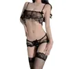 Lingerie Sexy, Pijama Feminino de Renda Três Peças, Conjunto de Renda Transparente, Abertura na Virilha, Não Precisa Tirar, Apaixonante e Extremamente Tentador