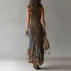 Estilo Europeo y Americano Transfronterizo 2026 Nuevo Retro Estampado Patchwork Asimétrico Vestido Largo Ajustado Vestido con Abertura Alta