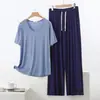 Conjunto de duas peças: camiseta de manga curta com decote em V de modal e calça pantalona, conjunto de loungewear feminino plus size, casual e soltinho, para primavera/verão
