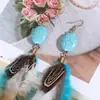 Brincos de Pena Boêmios Transfronteiriços, Brincos Longos Vintage Exagerados de Turquesa para Feriados, Brincos de Franja Estilo Étnico