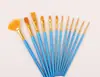 Transfronterizo 12 pts azul perlado Pincel de varilla acuarela set de bolígrafos pelo de nylon abanico pincel de aceite DIY pincel acrílico