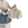 Conjunto Feminino 2026 Novo Outono Estilo Coreano Suéter Cardigã Top e Calça Jeans Flare Conjunto de Duas Peças Roupas Infantis Estilo Coreano