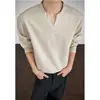 Nova camisa básica masculina de linho com toque fresco, gola V pequena, estilo casual e descontraído, manga longa, adequada para primavera e outono, respirável