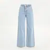 Pantalones vaqueros casuales versátiles de pierna ancha, azul claro lavado, cintura elástica con cordón, caída suave, estilo europeo y americano