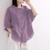 Camisas de Algodón y Lino para Mujer de Primavera y Verano, Mangas de Linterna, Tops Artísticos Retro, Camisas Holgadas Adelgazantes de Manga Media para Mujer Tallas Grandes