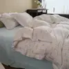 Juego de ropa de cama de cuatro piezas estilo Ins, fresco y sencillo, de doble capa de gasa 100% algodón, con ribete de encaje denso, funda de edredón y sábana de algodón puro para dormitorios de estudiantes