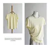 Camiseta de Algodão TencelNovo Estilo de Verão Algodão Tencel Levemente Transparente Leve Respirável Gola Redonda Casual Manga Curta Camiseta para Mulheres