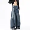 Jeans Masculino Streetwear Americano Três Listras Costurado Barra Curva Tendência Retrô Marca Desconstruído Solto Lavado Perna Larga Calça Longa